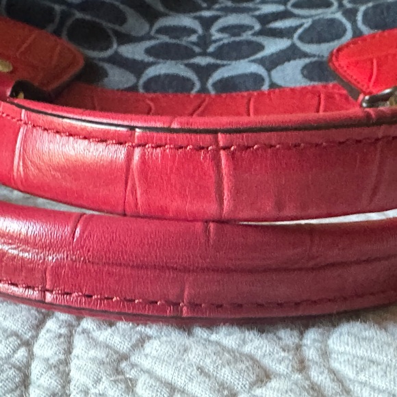 COACH Mickie Satchel in blue denim jacquard with red trim. - Picture 9 of 12